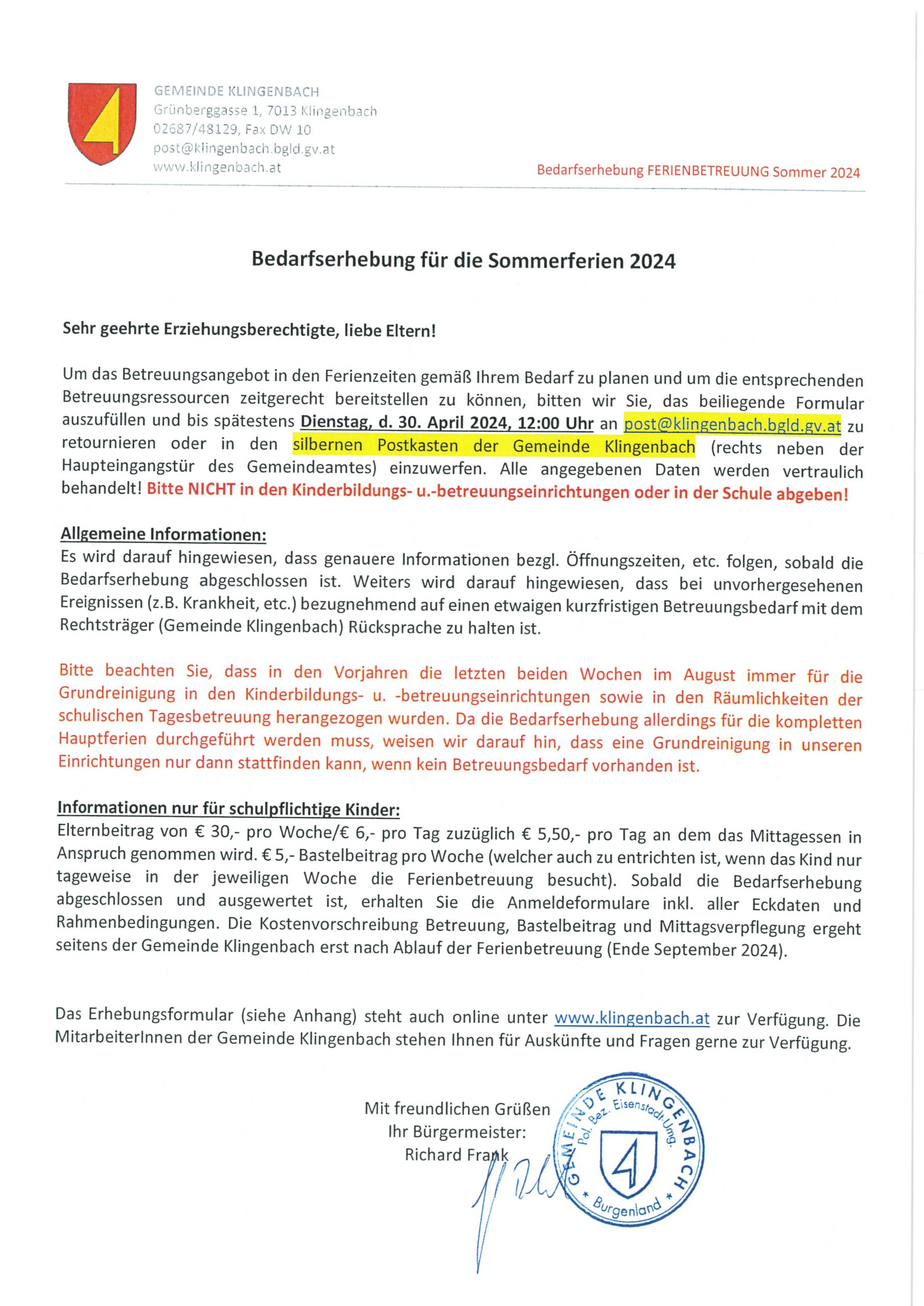Gemeinde Klingenbach - Informationsblatt Bedarfserhebung Sommerferien 2024