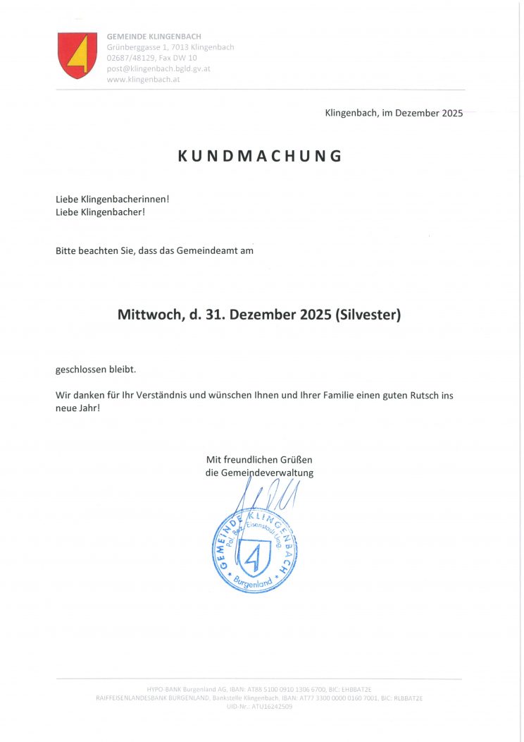 Gemeinde Klingenbach - Silvester geschlossen
